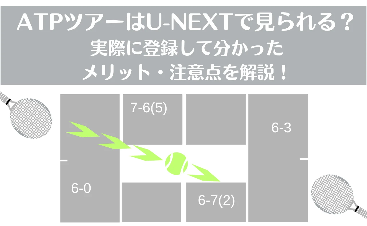 タイトル：ATPツアーはU-NEXTで見られる？実際に登録して分かったメリット・注意点を解説！ テキスト：ATPツアーはU-NEXTで見られる？実際に登録して分かったメリット・注意点を解説！の文字と、テニスコート、テニスラケットの画像。